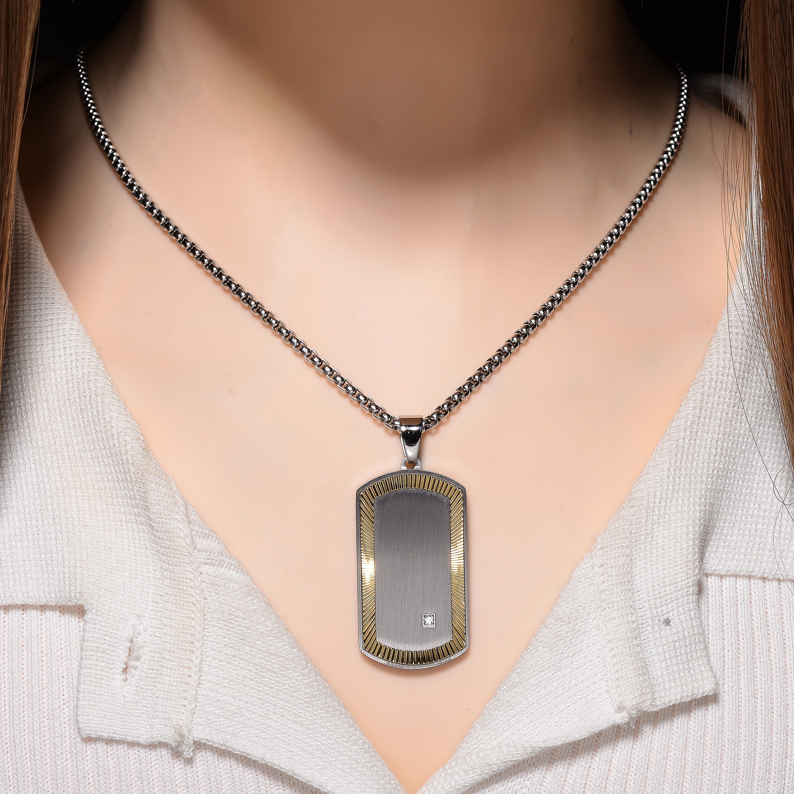 White Cubic Zirconia Pendant with Chain (Size - 24 - 2 Ext) in Dual Colour Tone