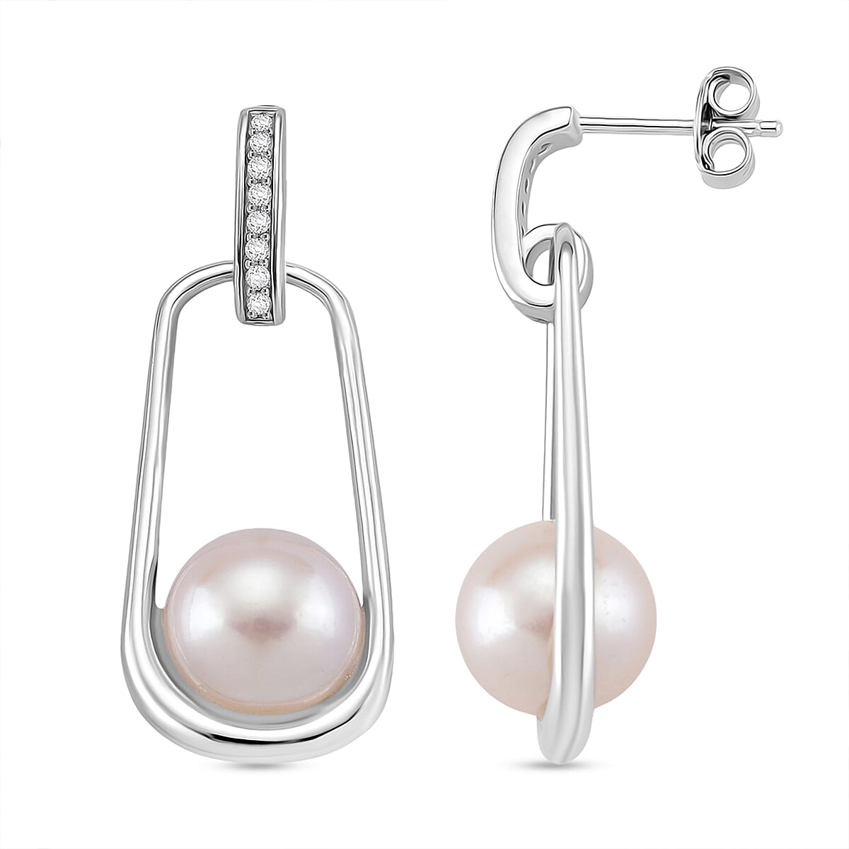 D'joy Edison Pearl & White Zircon Earring with Push Back in Rhodium Overlay Sterling Silver 17.11 Ct.