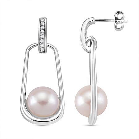 D'joy Edison Pearl & White Zircon Earring with Push Back in Rhodium Overlay Sterling Silver 17.11 Ct.