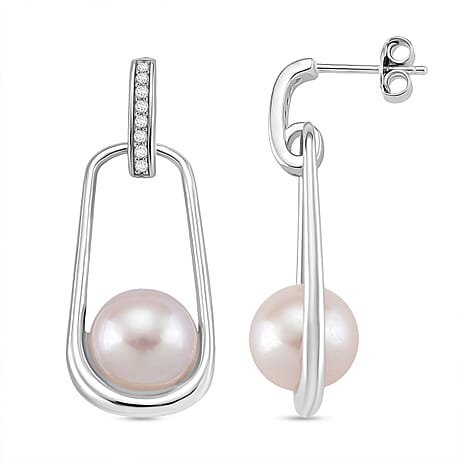 D'joy Edison Pearl & White Zircon Earring with Push Back in Rhodium Overlay Sterling Silver 17.11 Ct.