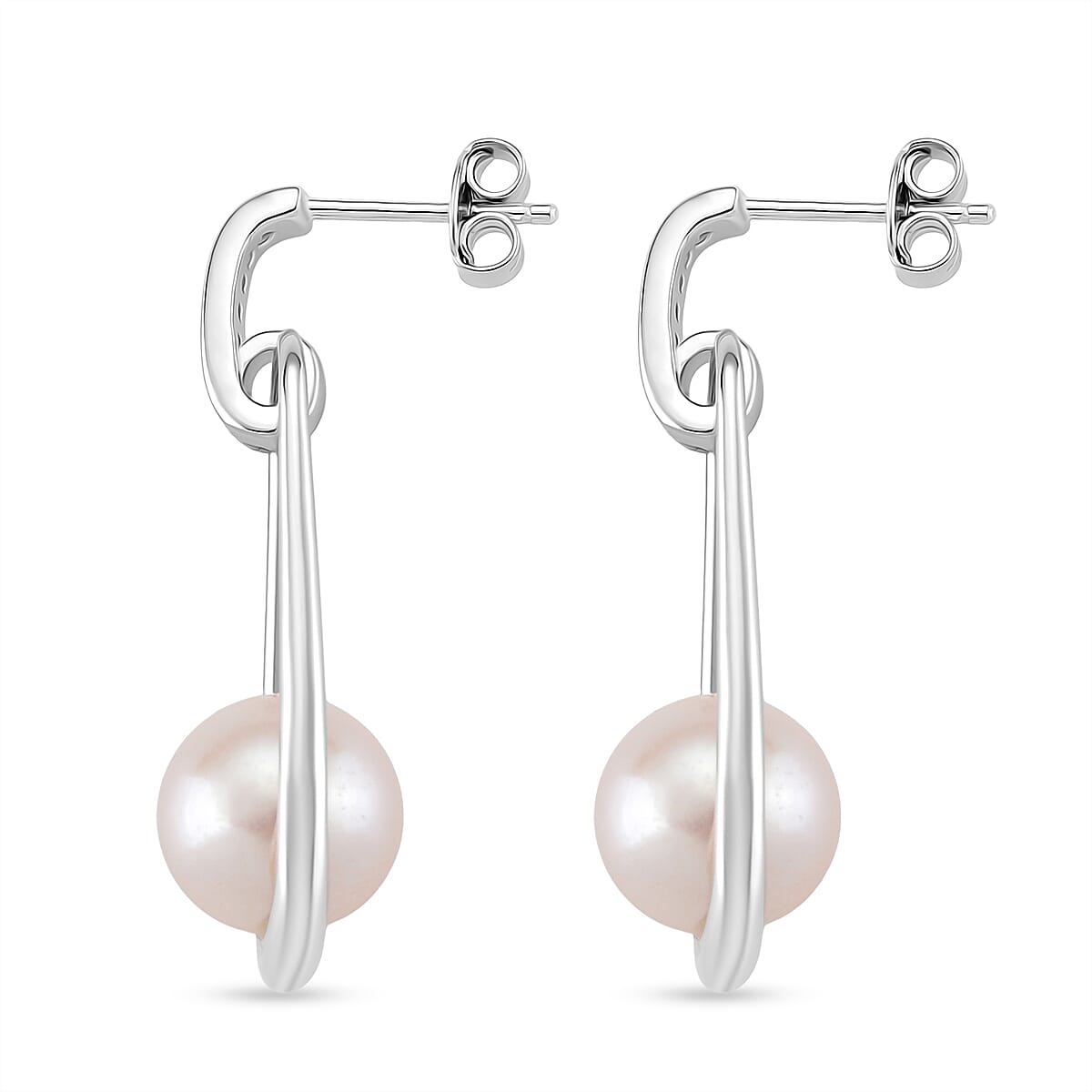 D'joy Edison Pearl & White Zircon Earring with Push Back in Rhodium Overlay Sterling Silver 17.11 Ct.