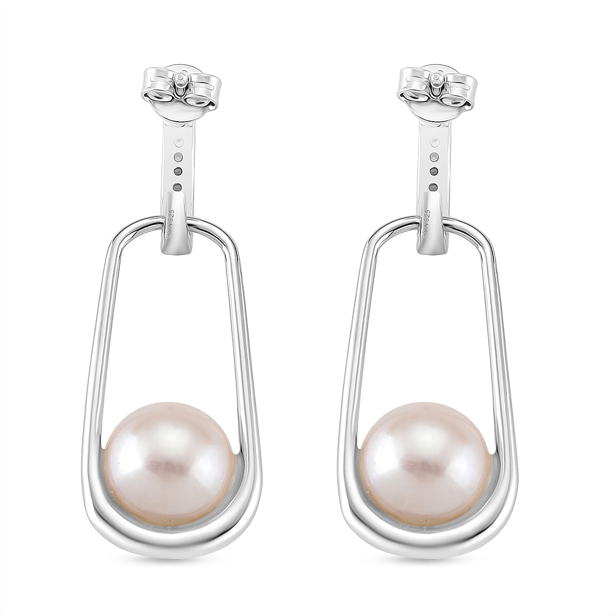 D'joy Edison Pearl & White Zircon Earring with Push Back in Rhodium Overlay Sterling Silver 17.11 Ct.