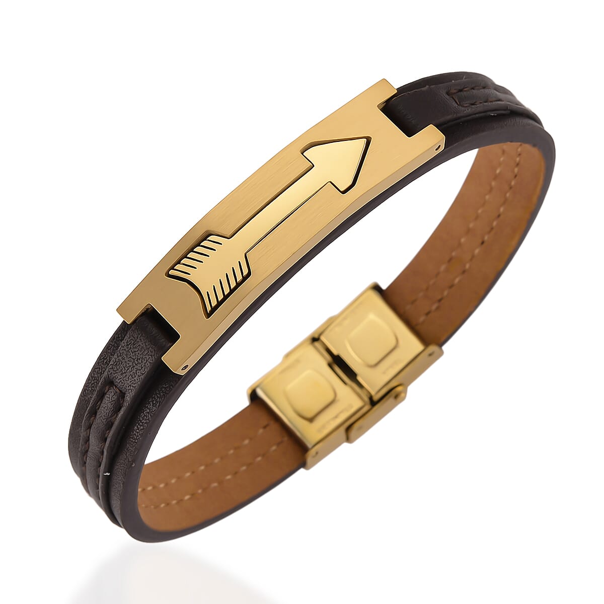 Leather Bracelet (Size - 8) in Yellow Gold Plated