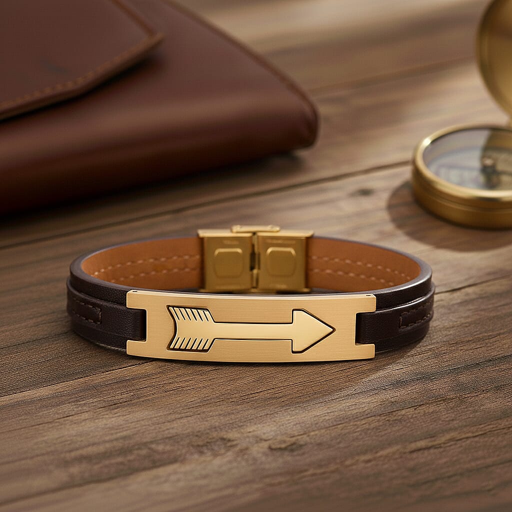 Leather Bracelet (Size - 8) in Yellow Gold Plated
