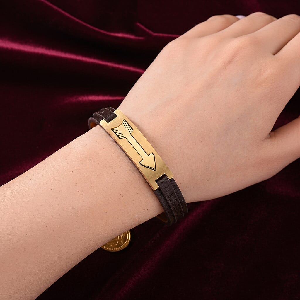 Leather Bracelet (Size - 8) in Yellow Gold Plated
