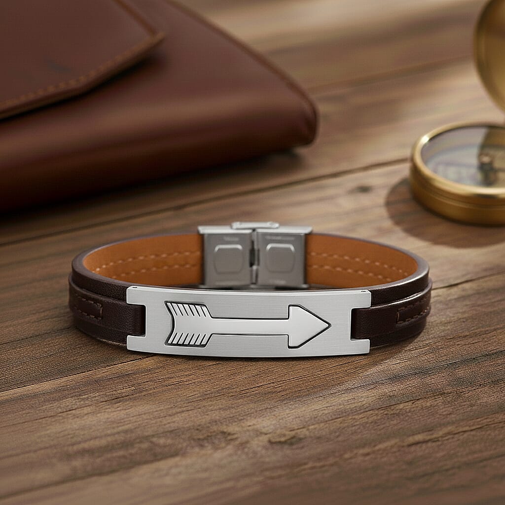 Leather Bracelet (Size - 8) in Silver Tone