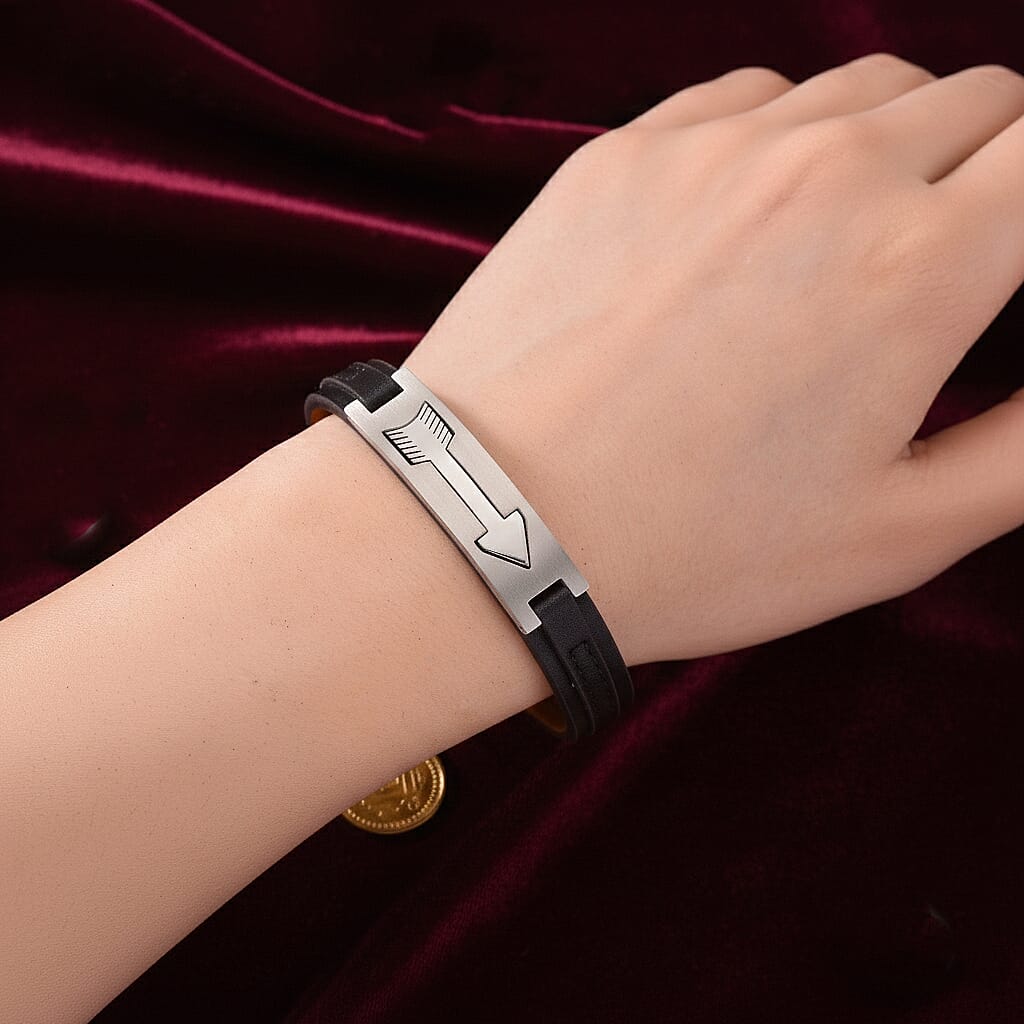 Leather Bracelet (Size - 8) in Silver Tone