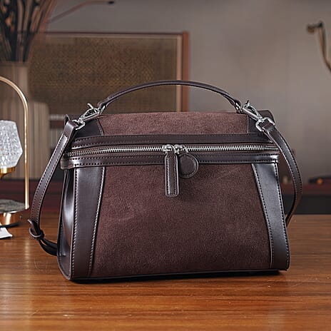 Grand Pelle Genuine Leather Satchel Handbag with Shoulder Strap - Coffee