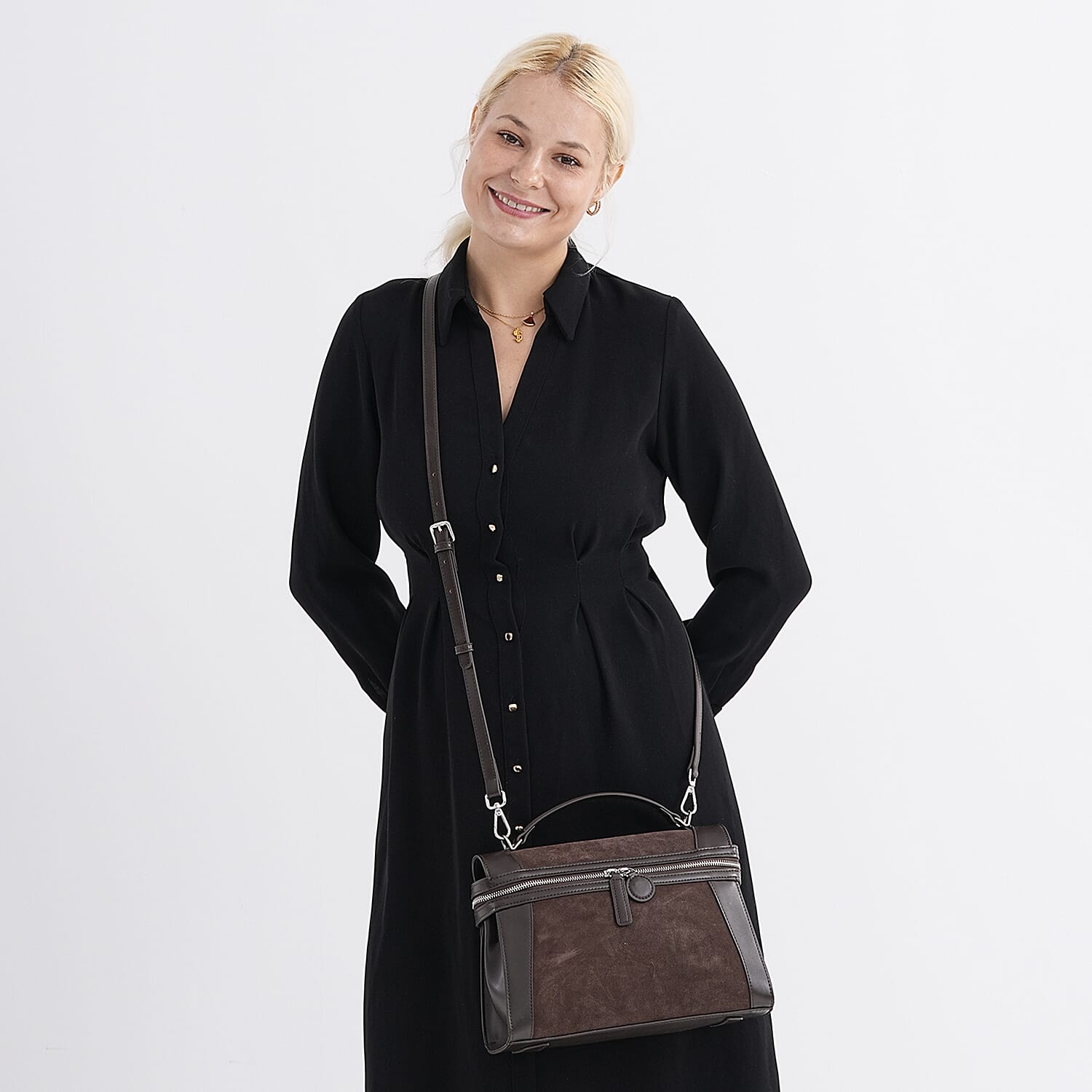 Grand Pelle Genuine Leather Satchel Handbag with Shoulder Strap - Coffee