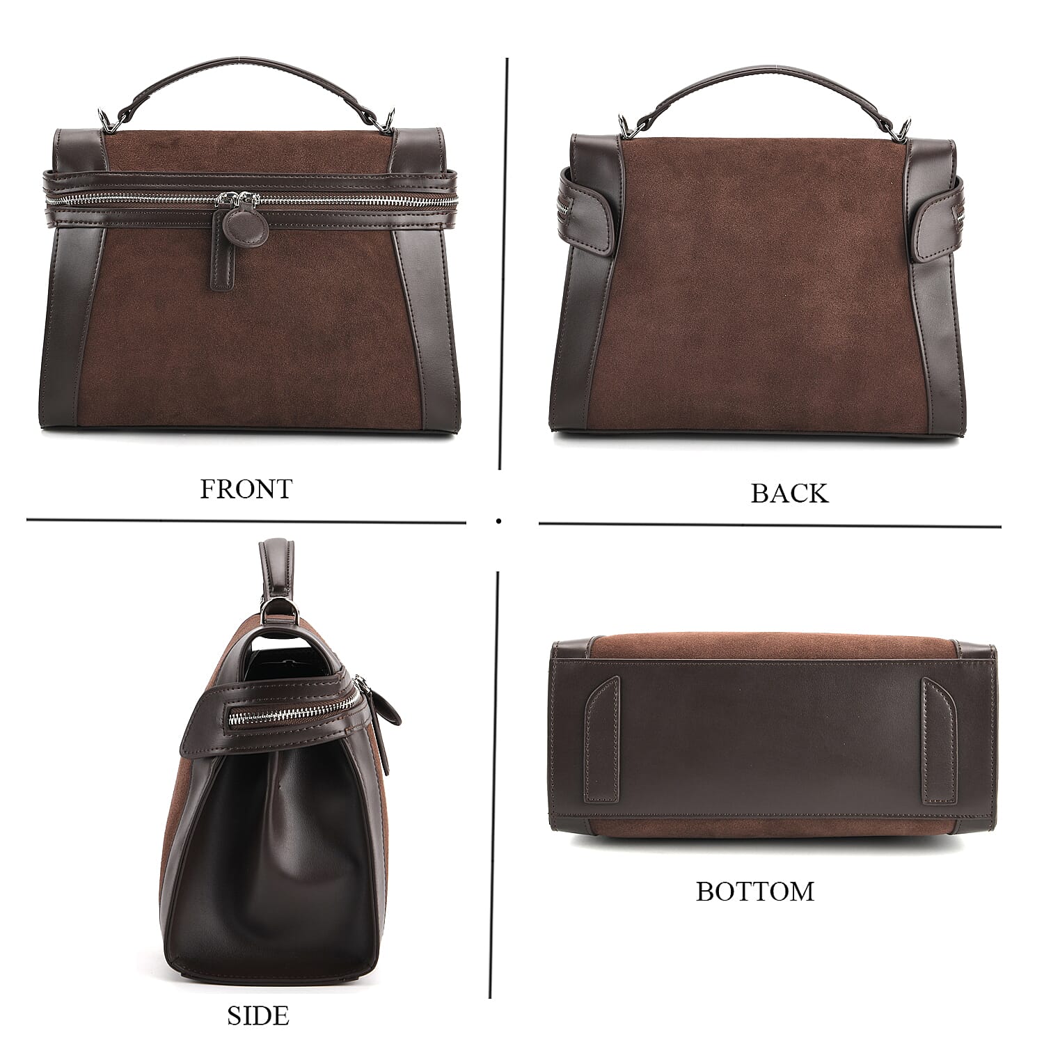 Grand Pelle Genuine Leather Satchel Handbag with Shoulder Strap - Coffee