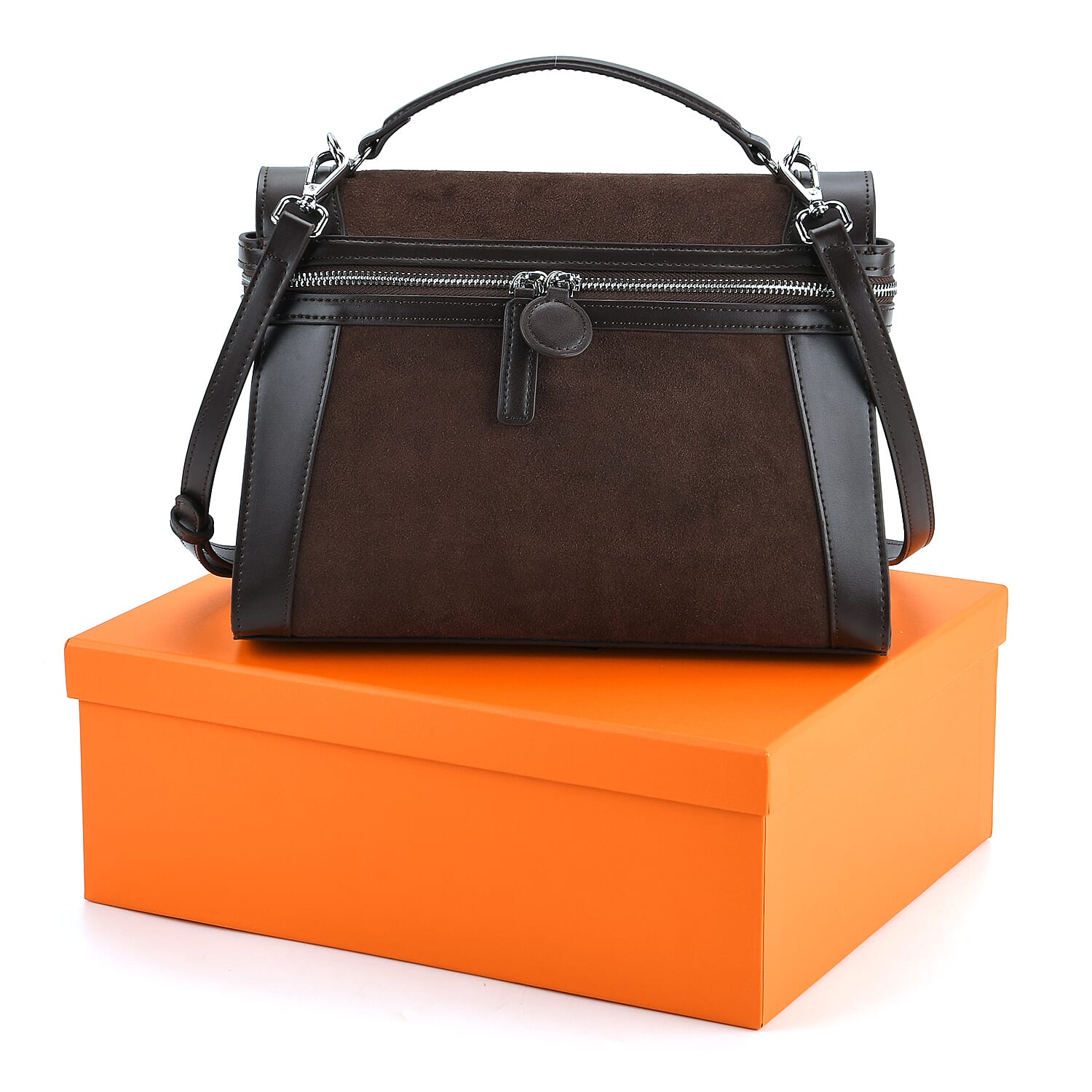 Grand Pelle Genuine Leather Satchel Handbag with Shoulder Strap - Coffee