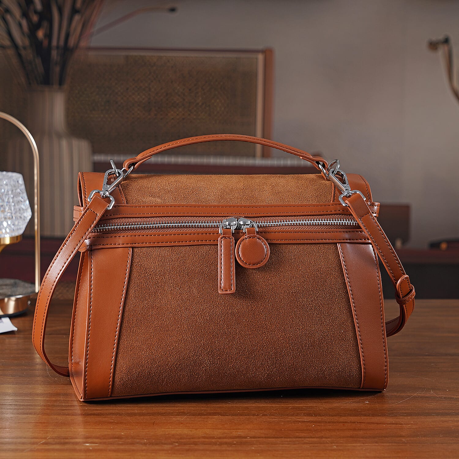 Grand Pelle Genuine Leather Satchel Handbag with Shoulder Strap - Khaki