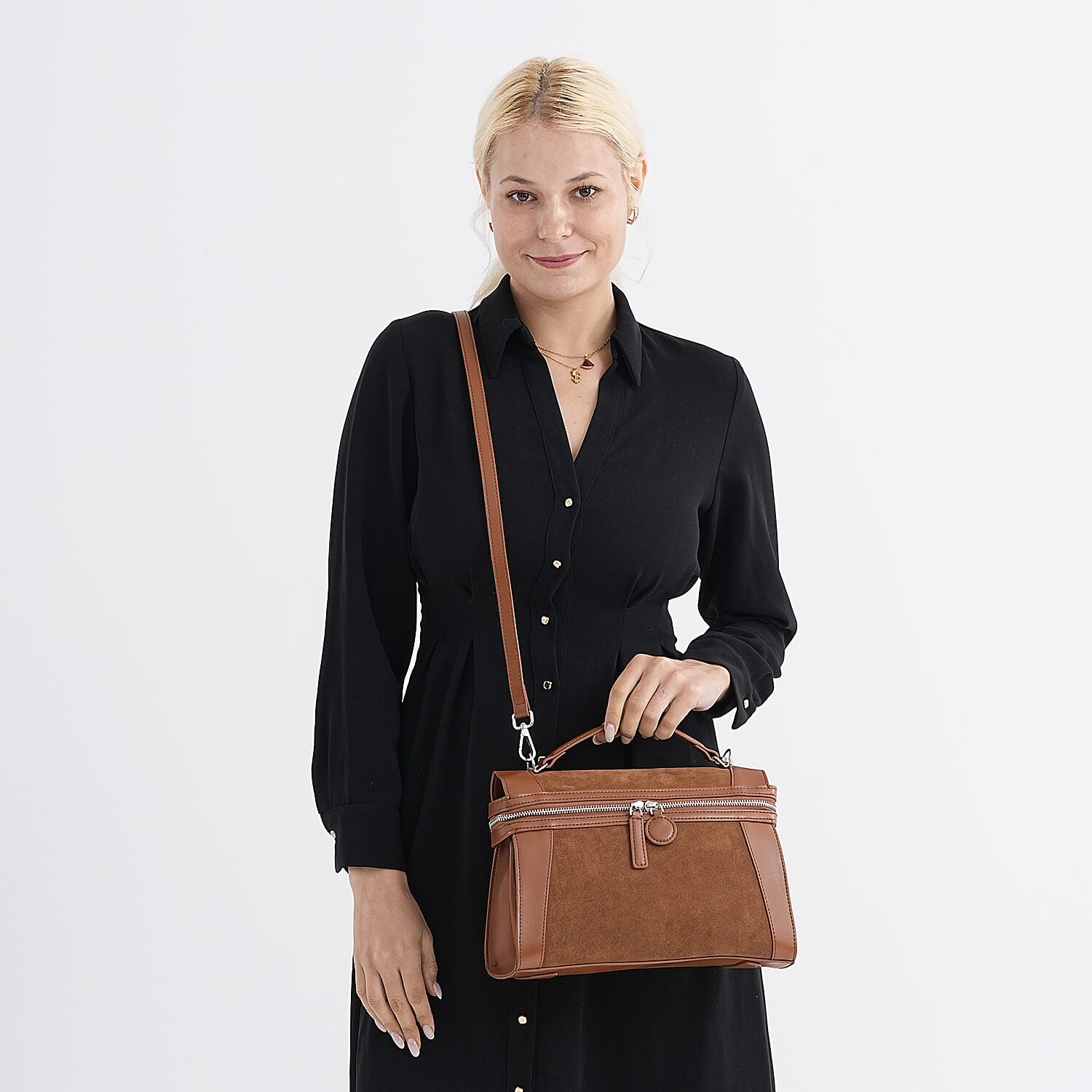 Grand Pelle Genuine Leather Satchel Handbag with Shoulder Strap - Khaki