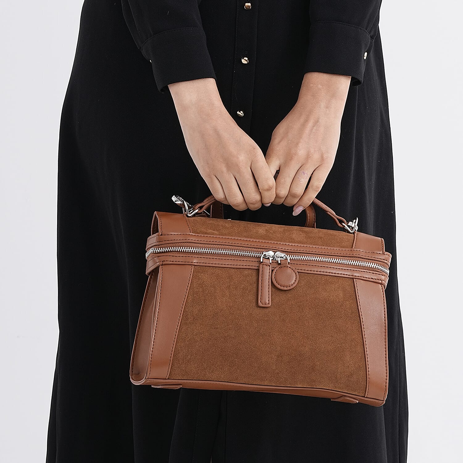 Grand Pelle Genuine Leather Satchel Handbag with Shoulder Strap - Khaki