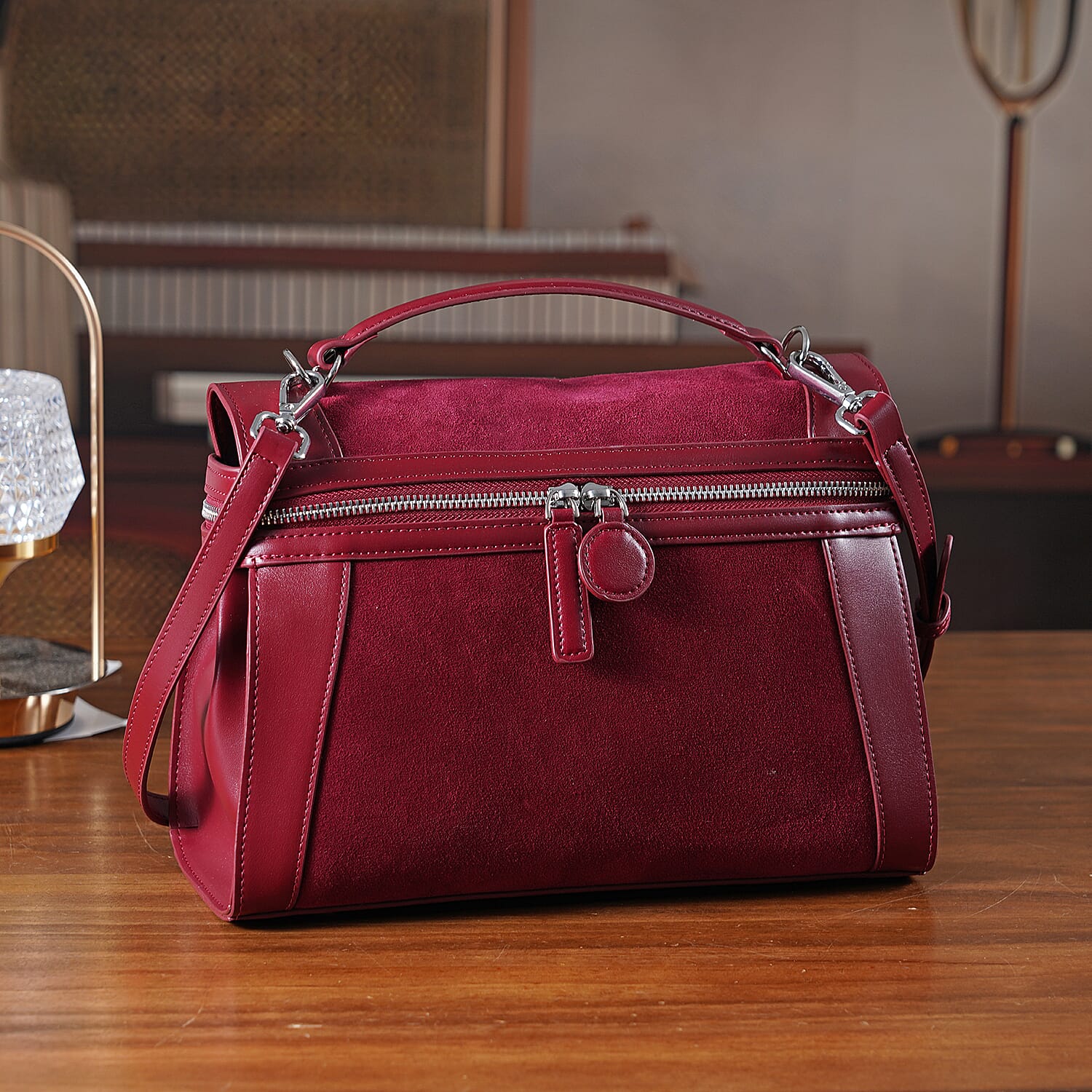 Grand Pelle Genuine Leather Satchel Handbag with Shoulder Strap - Burgundy