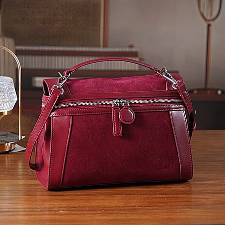 Grand Pelle Genuine Leather Satchel Handbag with Shoulder Strap - Burgundy