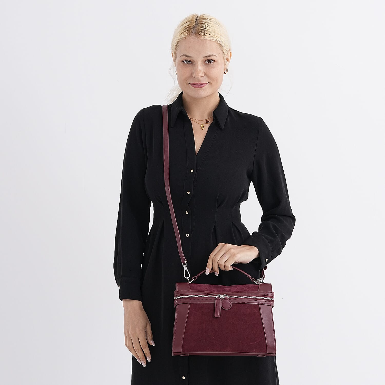 Grand Pelle Genuine Leather Satchel Handbag with Shoulder Strap - Burgundy