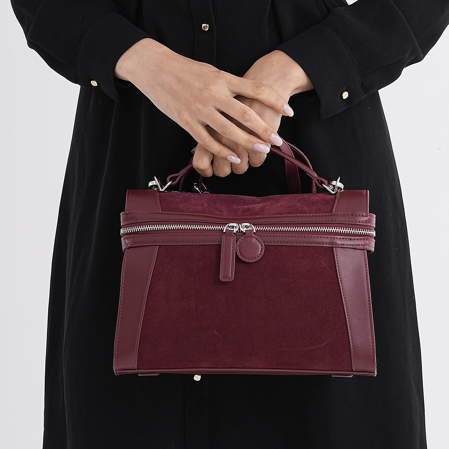 Grand Pelle Genuine Leather Satchel Handbag with Shoulder Strap - Burgundy