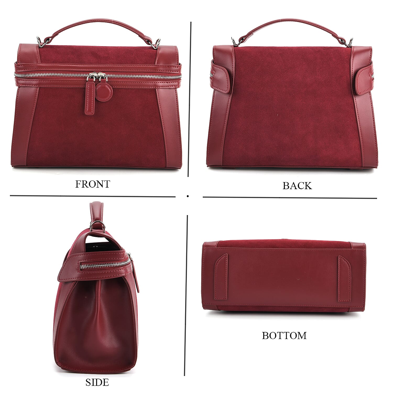 Grand Pelle Genuine Leather Satchel Handbag with Shoulder Strap - Burgundy