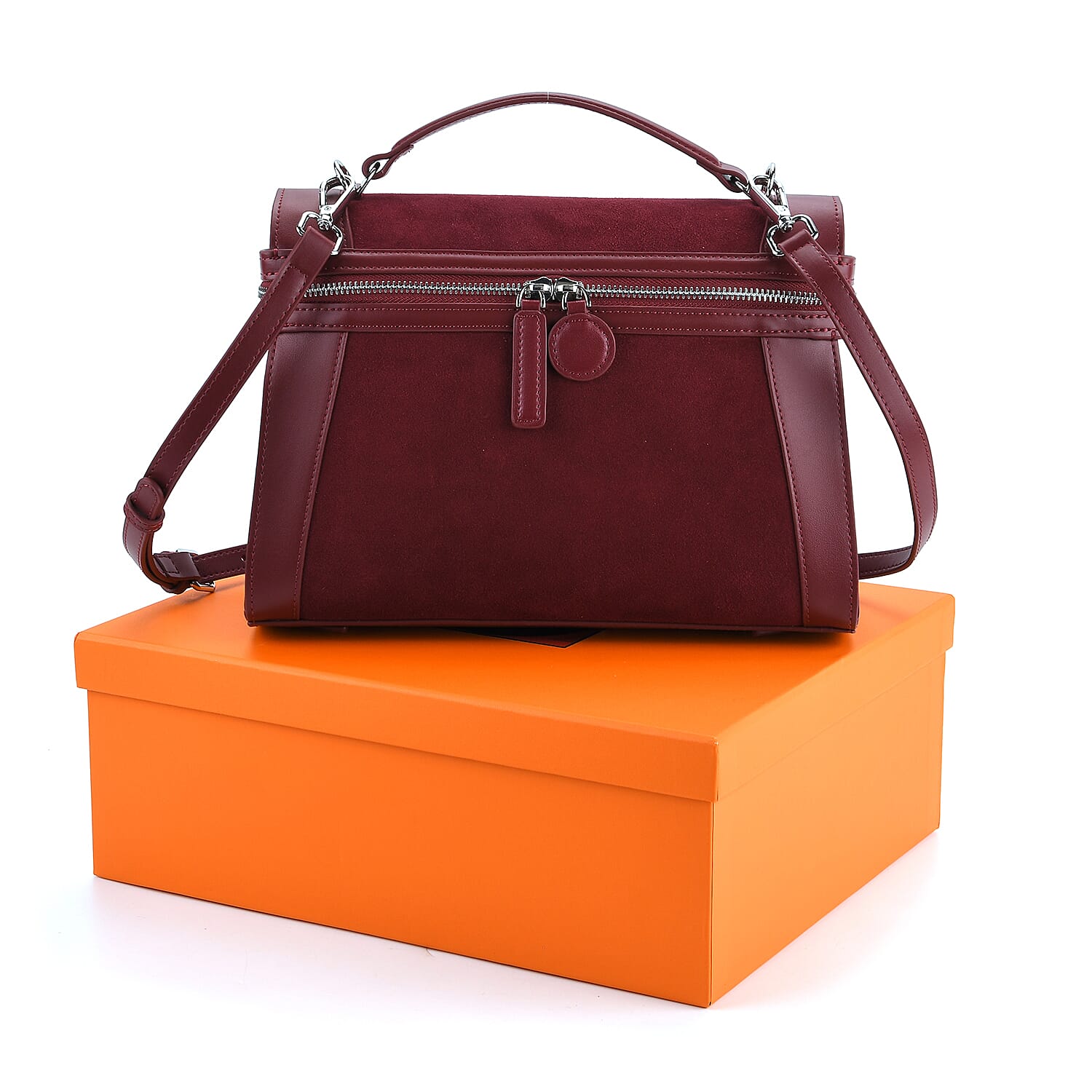 Grand Pelle Genuine Leather Satchel Handbag with Shoulder Strap - Burgundy