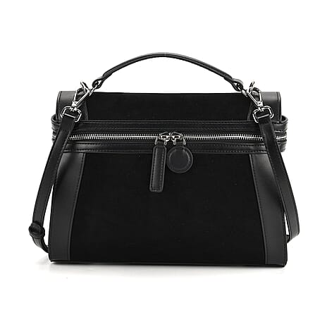 Grand Pelle Genuine Leather Satchel Handbag with Shoulder Strap - Black