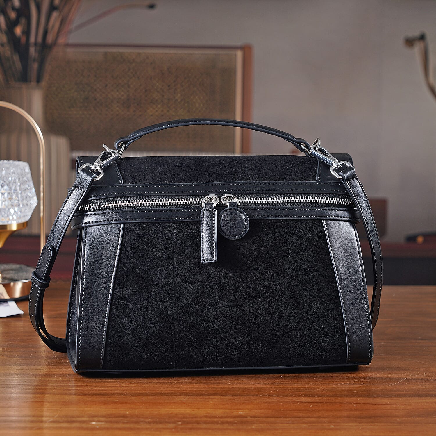 Grand Pelle Genuine Leather Satchel Handbag with Shoulder Strap - Black