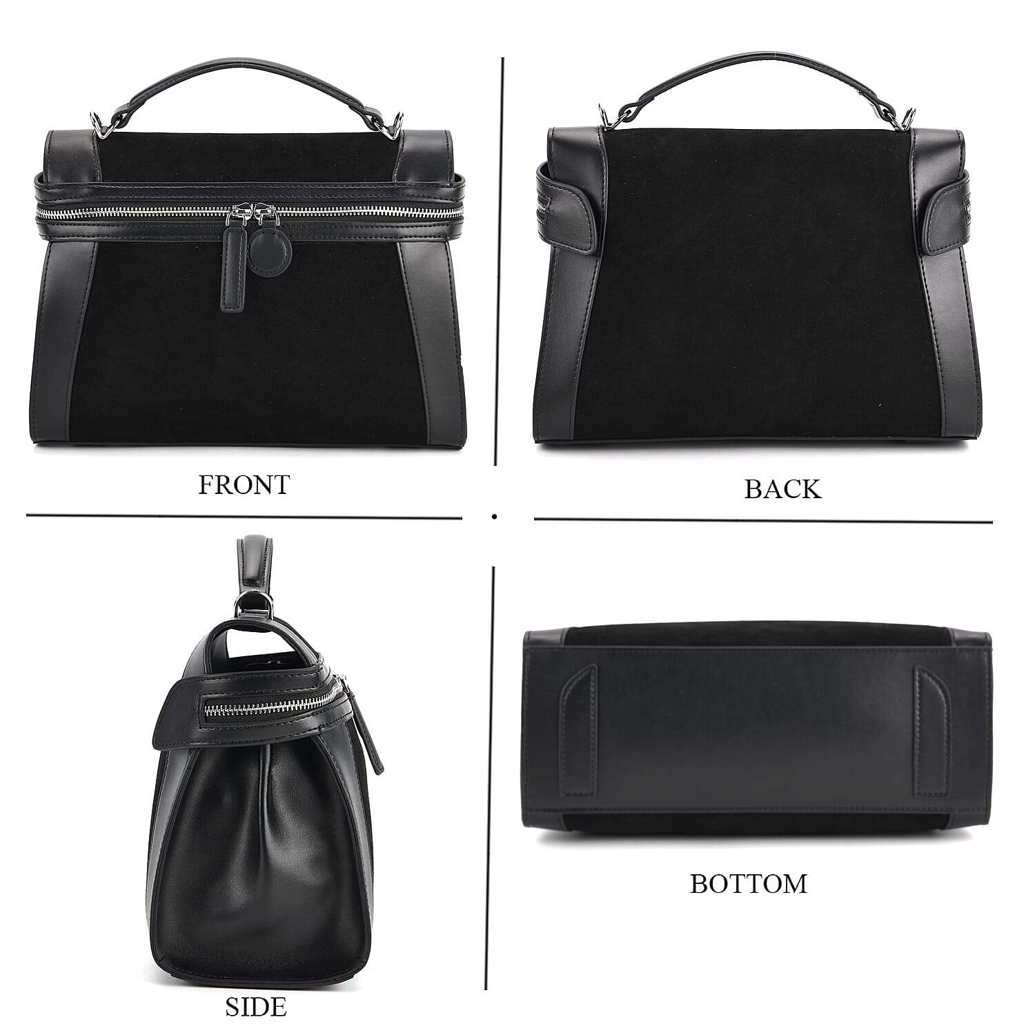 Grand Pelle Genuine Leather Satchel Handbag with Shoulder Strap - Black