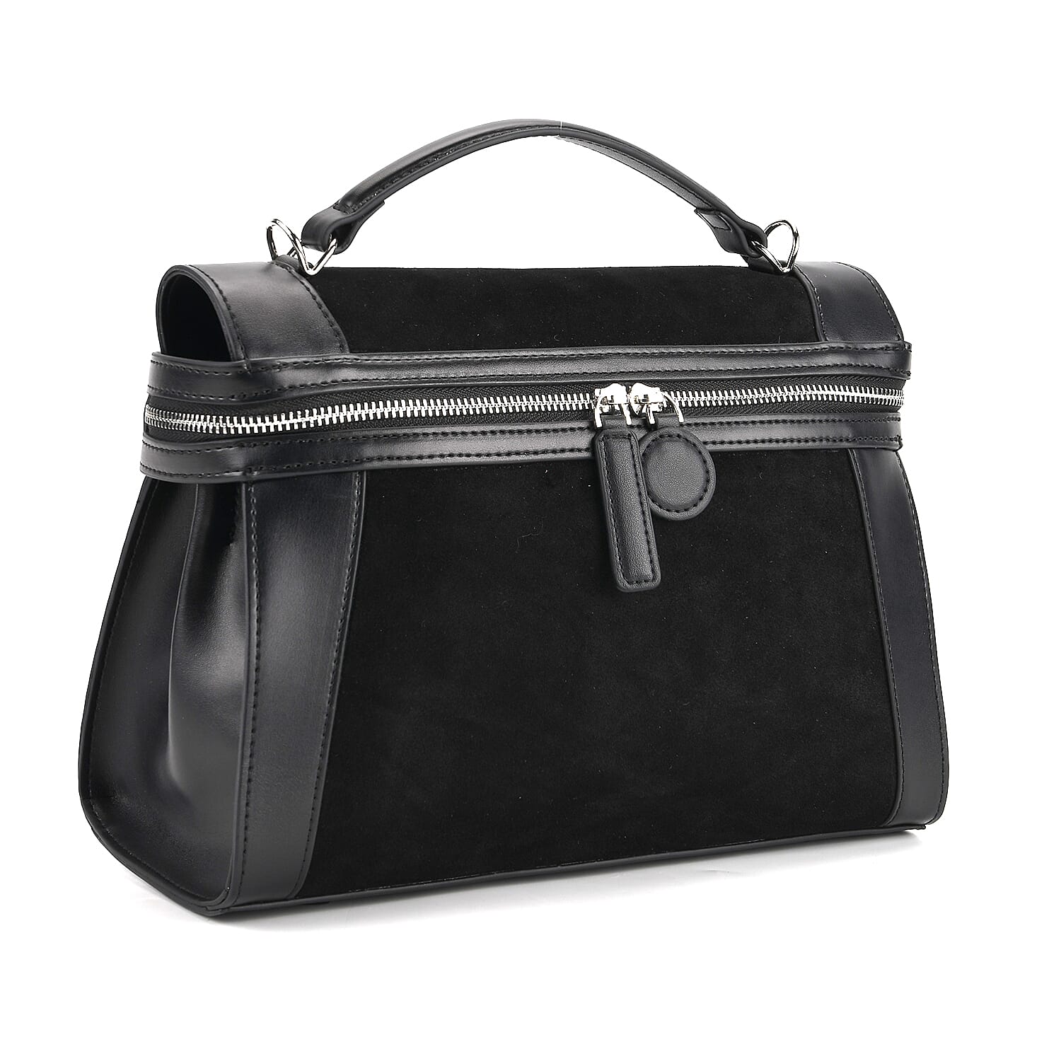 Grand Pelle Genuine Leather Satchel Handbag with Shoulder Strap - Black