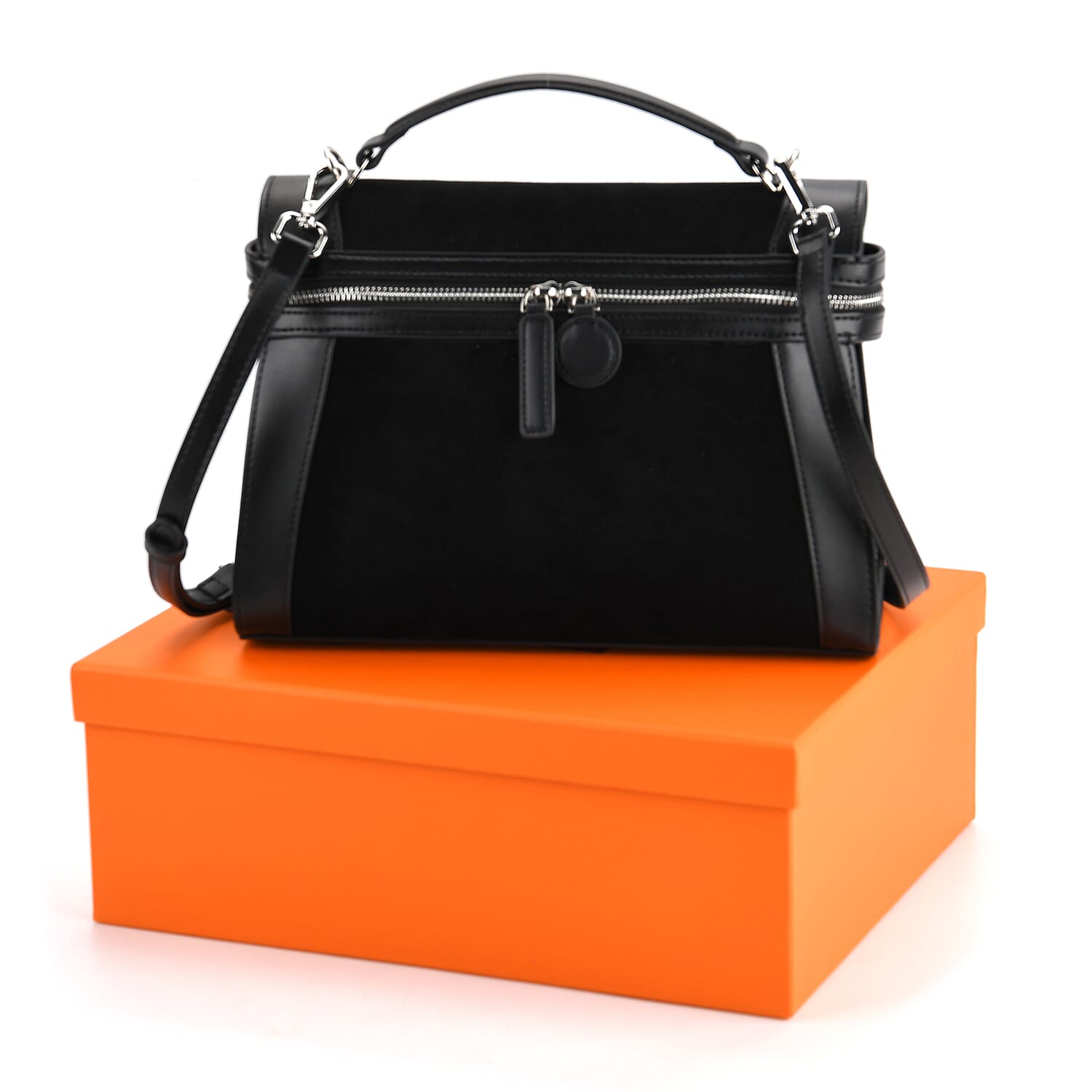 Grand Pelle Genuine Leather Satchel Handbag with Shoulder Strap - Black