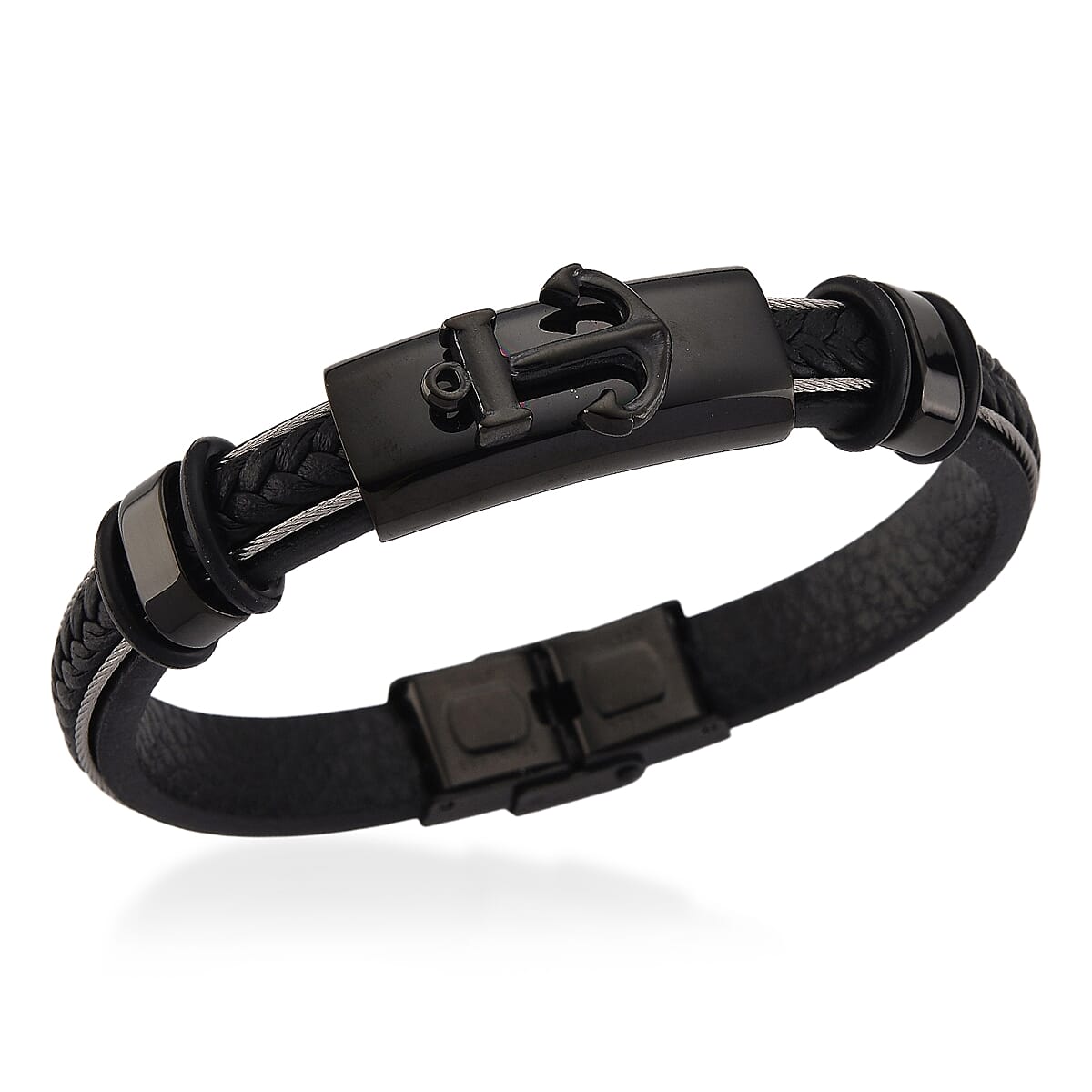 Leather Bracelet (Size - 8) in Black Colour Tone