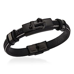 Leather Bracelet (Size - 8) in Black Colour Tone