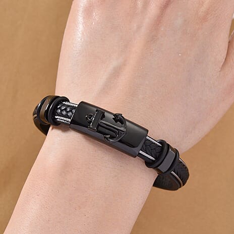 Leather Bracelet (Size - 8) in Black Colour Tone