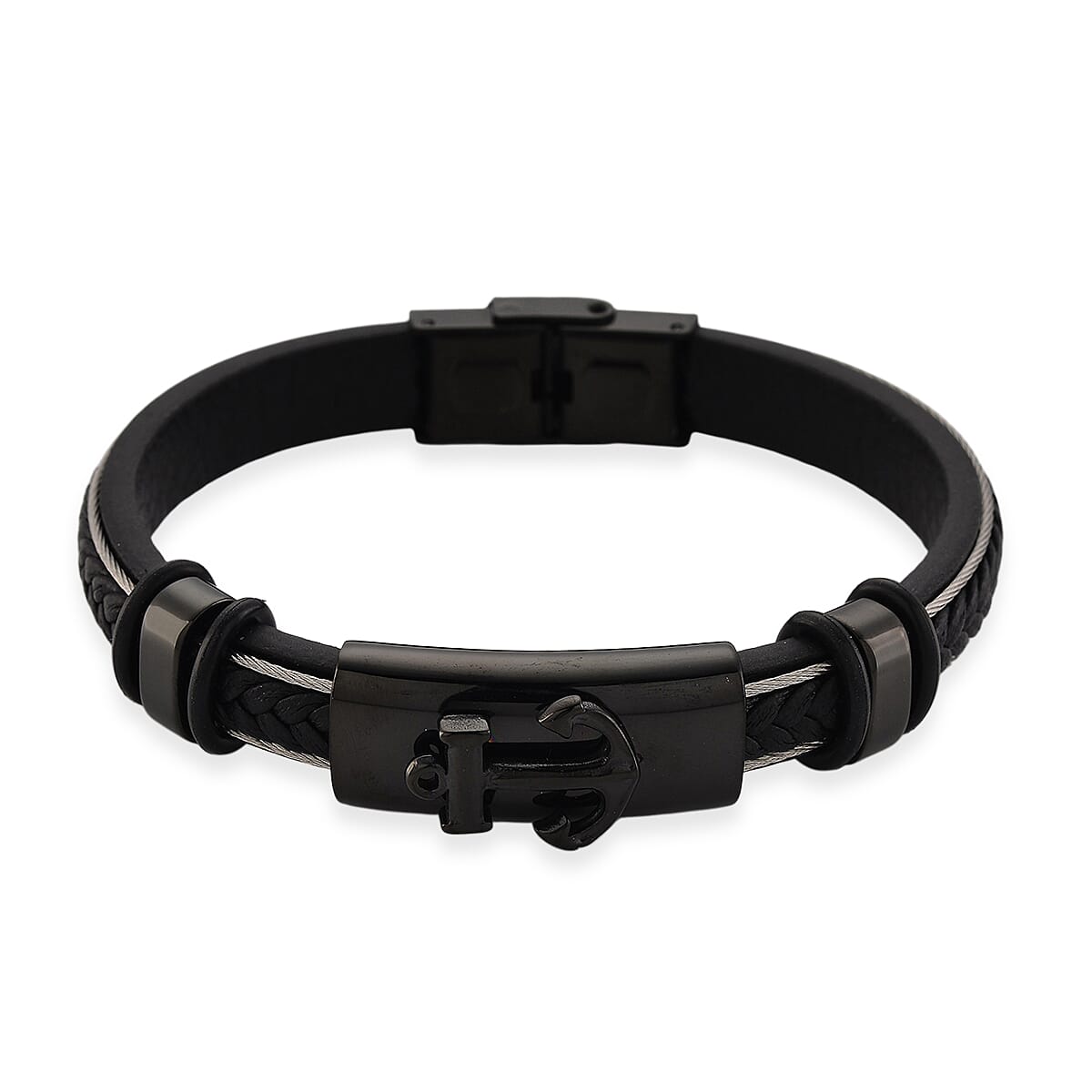 Leather Bracelet (Size - 8) in Black Colour Tone