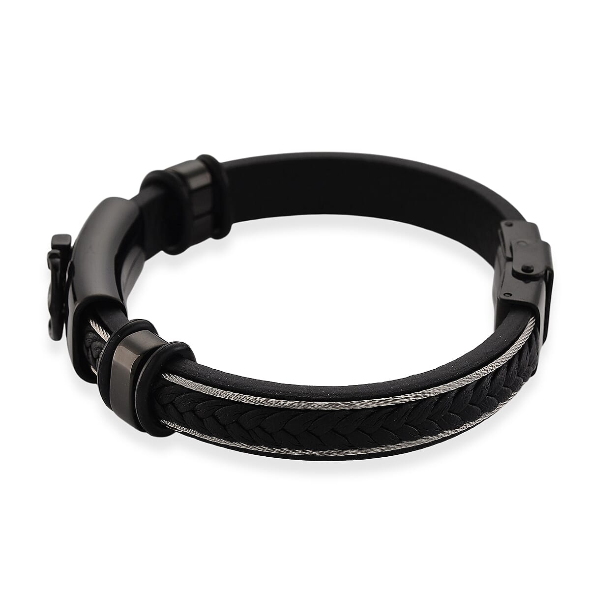 Leather Bracelet (Size - 8) in Black Colour Tone