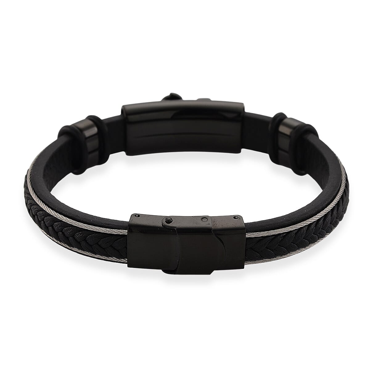 Leather Bracelet (Size - 8) in Black Colour Tone