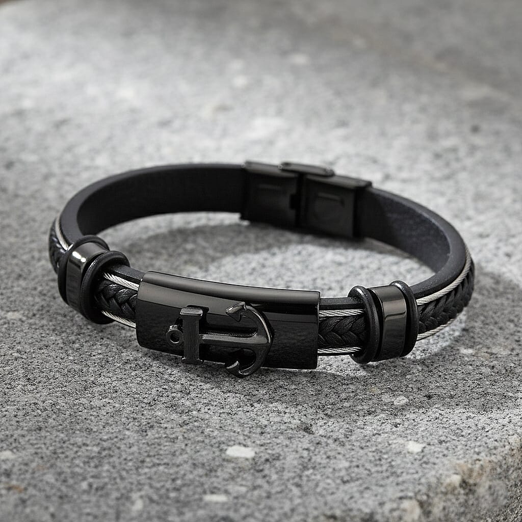 Leather Bracelet (Size - 8) in Black Colour Tone