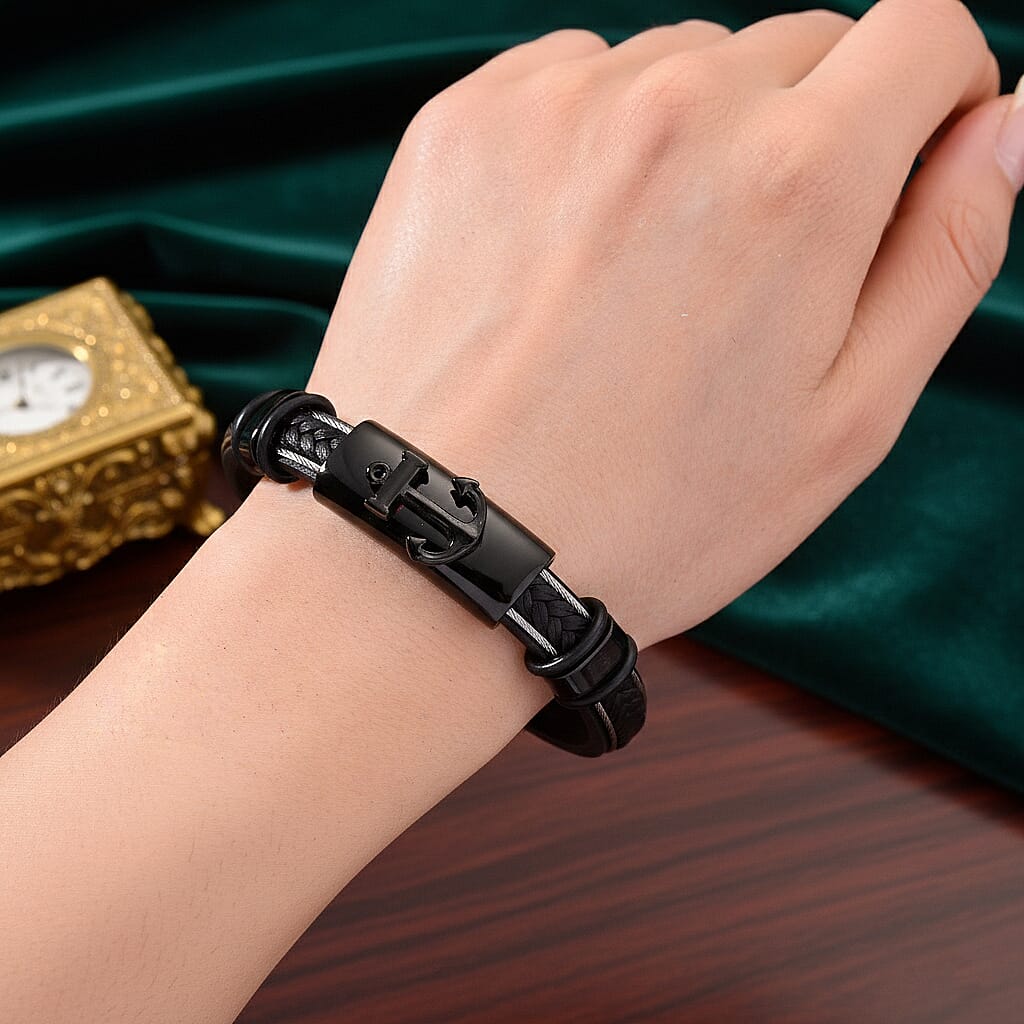 Leather Bracelet (Size - 8) in Black Colour Tone