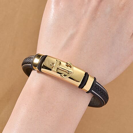 Leather Bracelet (Size - 8) in Yellow Gold Plated