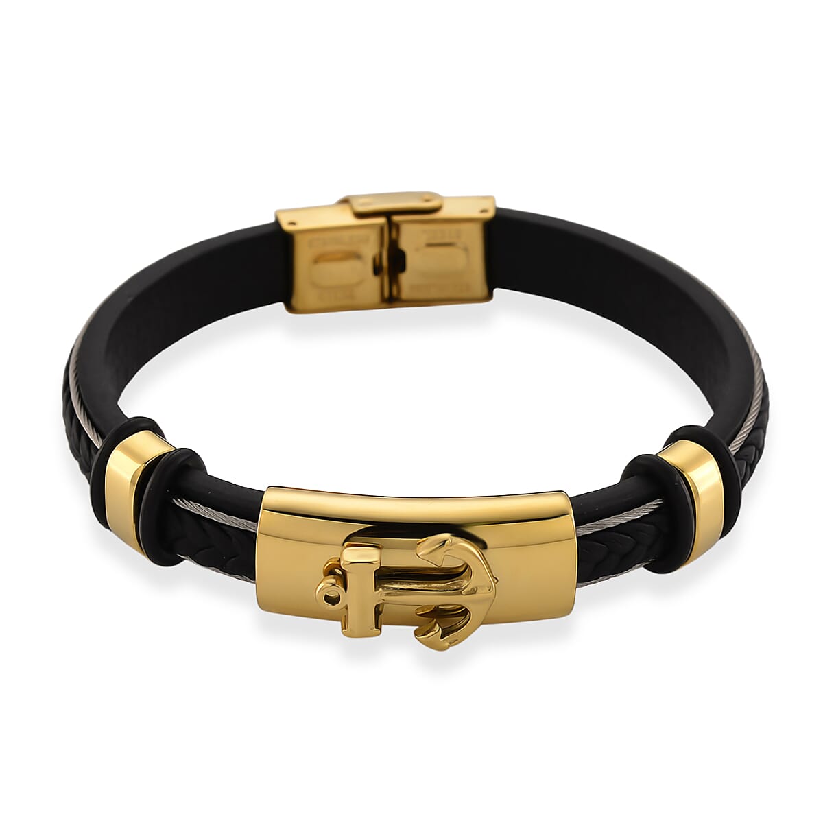 Leather Bracelet (Size - 8) in Yellow Gold Plated