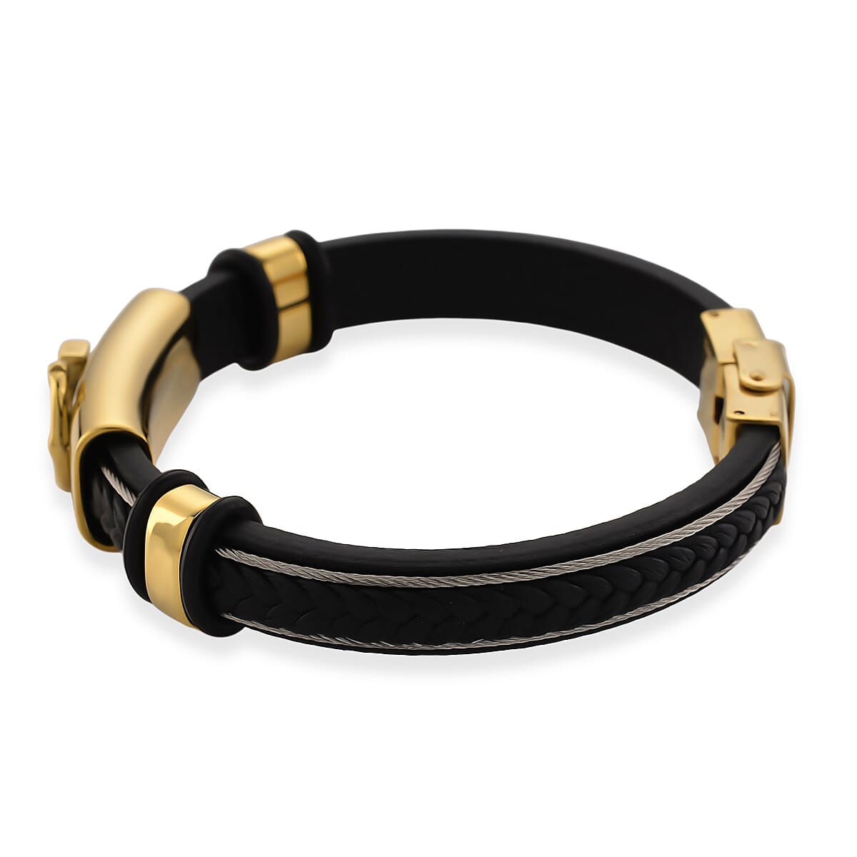 Leather Bracelet (Size - 8) in Yellow Gold Plated
