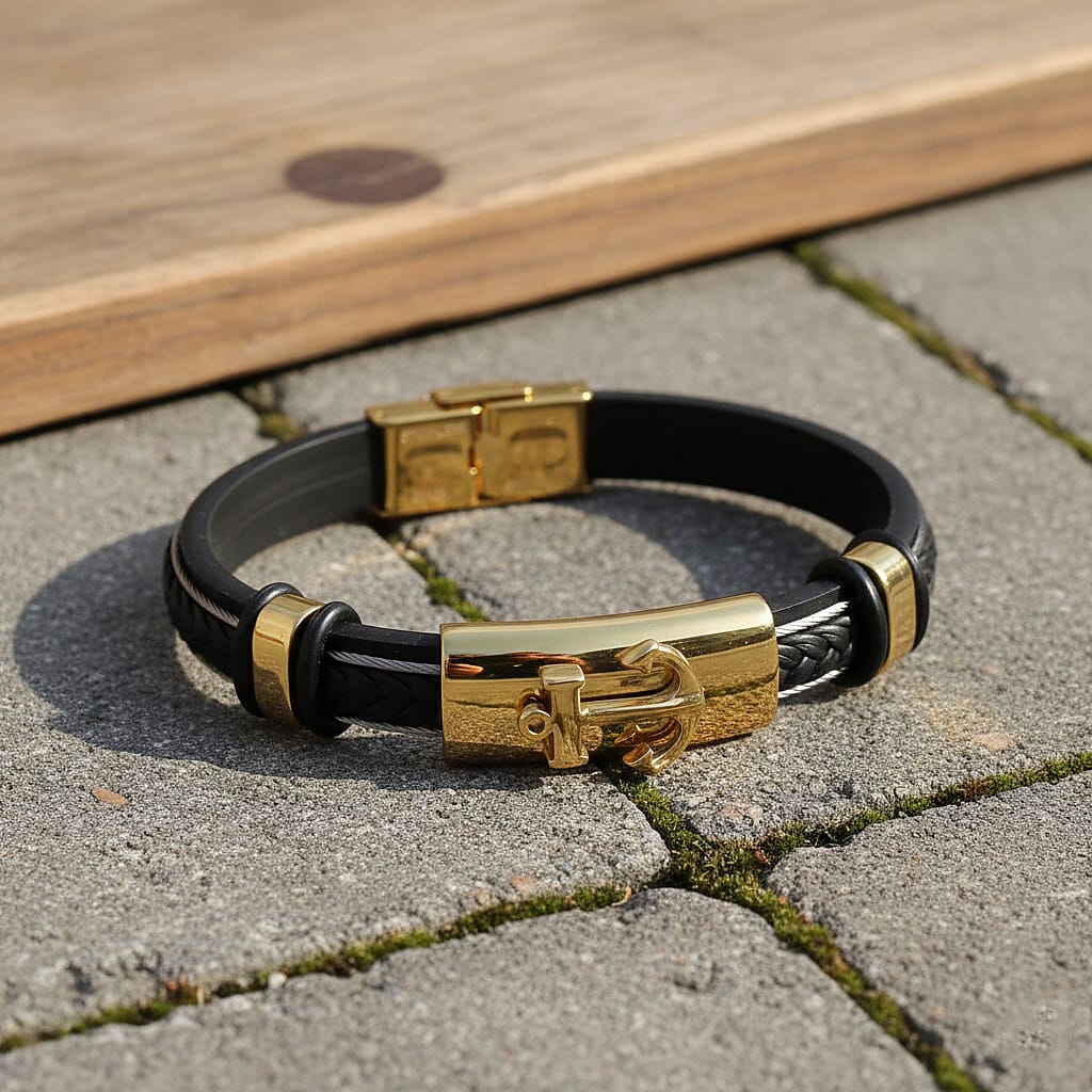 Leather Bracelet (Size - 8) in Yellow Gold Plated