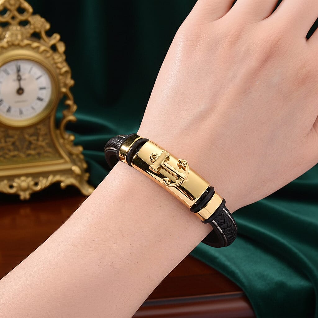 Leather Bracelet (Size - 8) in Yellow Gold Plated