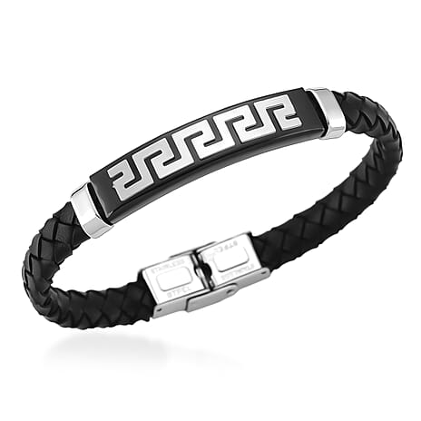 Leather Bracelet (Size - 8) in Silver Colour Tone