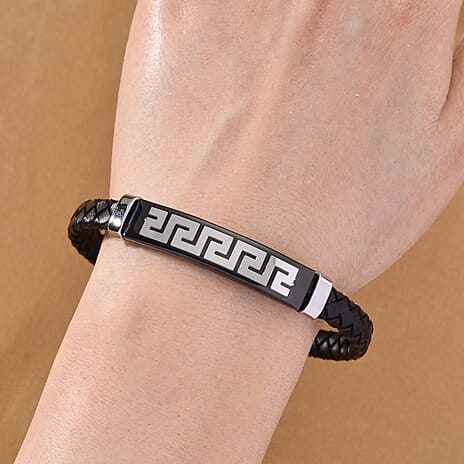 Leather Bracelet (Size - 8) in Silver Colour Tone