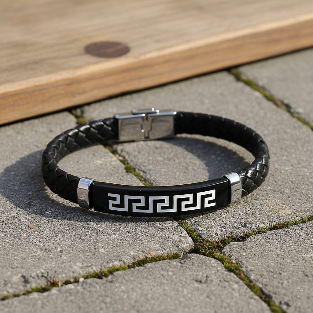 Leather Bracelet (Size - 8) in Silver Colour Tone