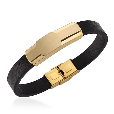 Close Out Deal- Leather Bracelet (Size - 8) in Yellow Gold Plated