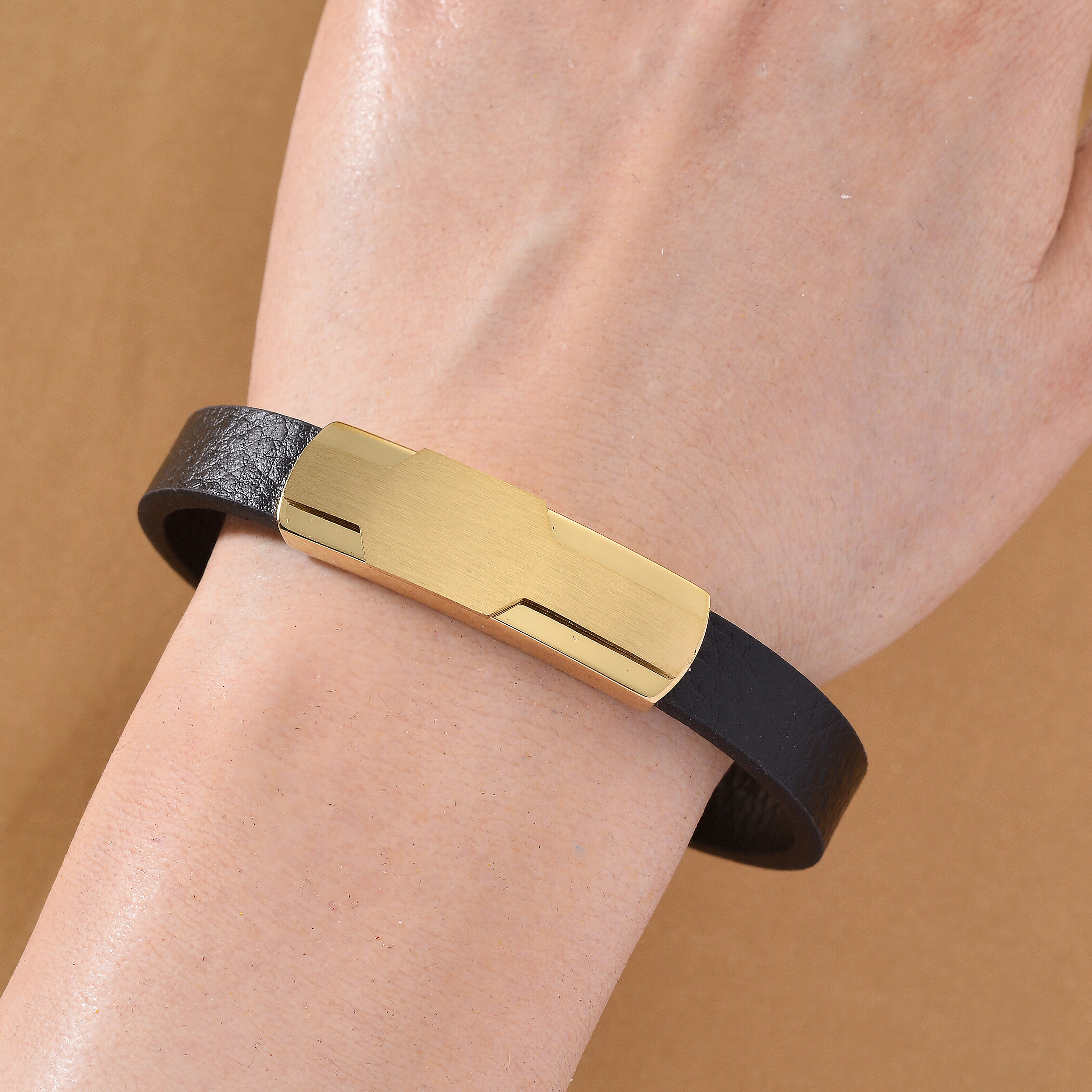 Close Out Deal- Leather Bracelet (Size - 8) in Yellow Gold Plated