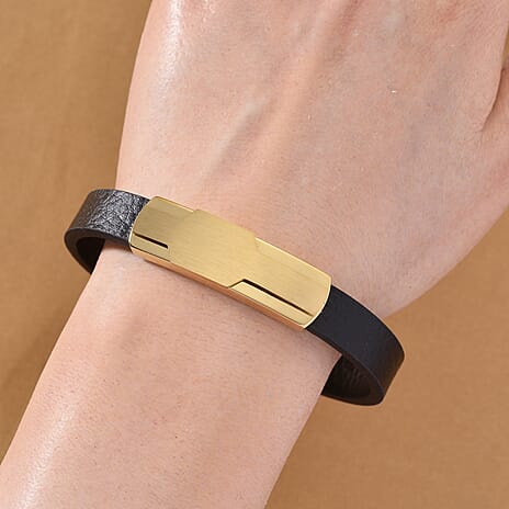 Close Out Deal- Leather Bracelet (Size - 8) in Yellow Gold Plated