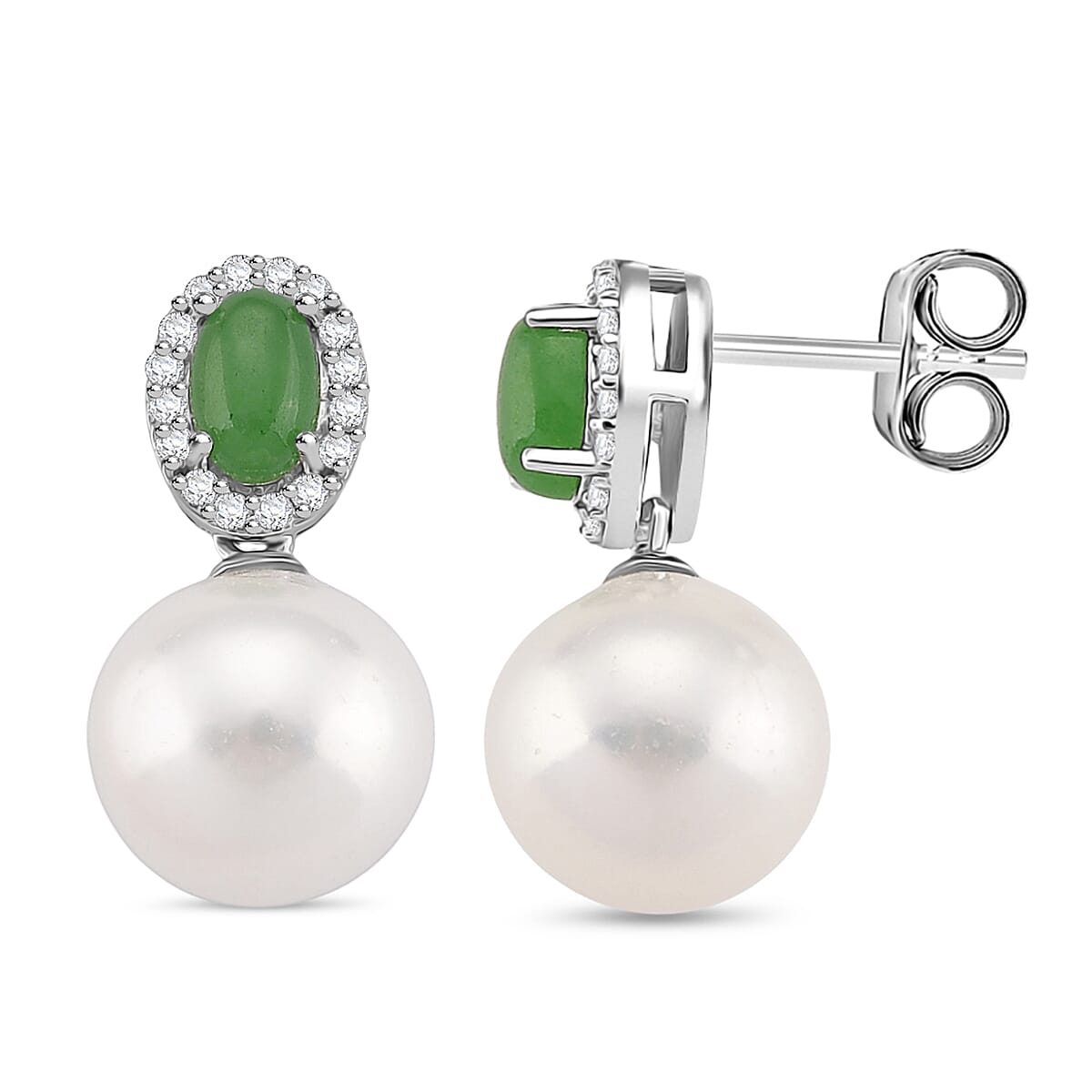 Designer Inspired - D'joy Edison Pearl, Green Jade & White Zircon Dangling Earring with Push Back in Rhodium Overlay Sterling Silver 17.31 Ct.