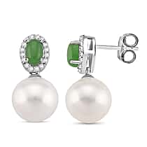 Designer Inspired - D'joy Edison Pearl, Green Jade & White Zircon Dangling Earring with Push Back in Rhodium Overlay Sterling Silver 17.31 Ct.